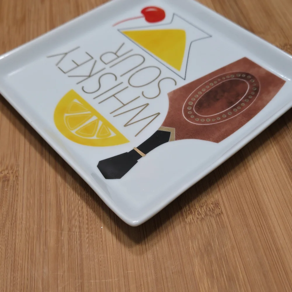 Crate & Barrel WHISKEY SOUR Appetizer Plate Trinket Dish, recipe on back